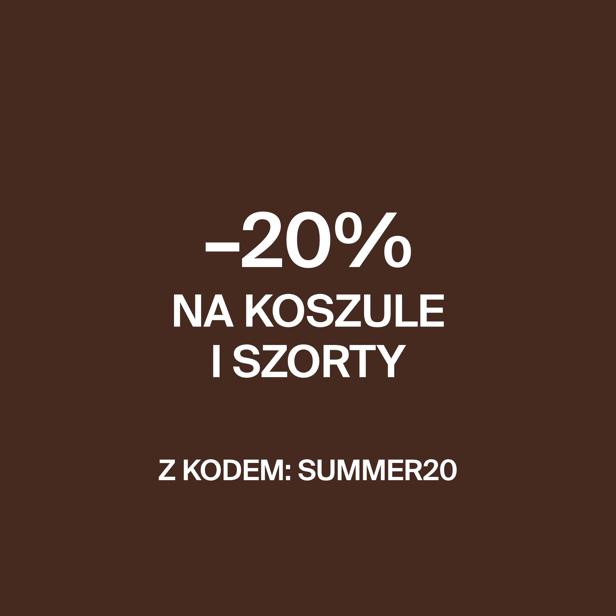 Baner promocyjny informujący o rabacie 20% na koszule i szorty po wpisaniu kodu SUMMER20